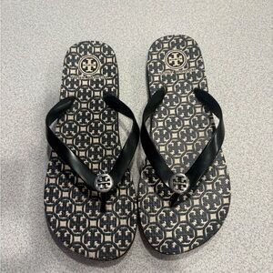 Tory Burch Black Logo Patterned Flip Flops